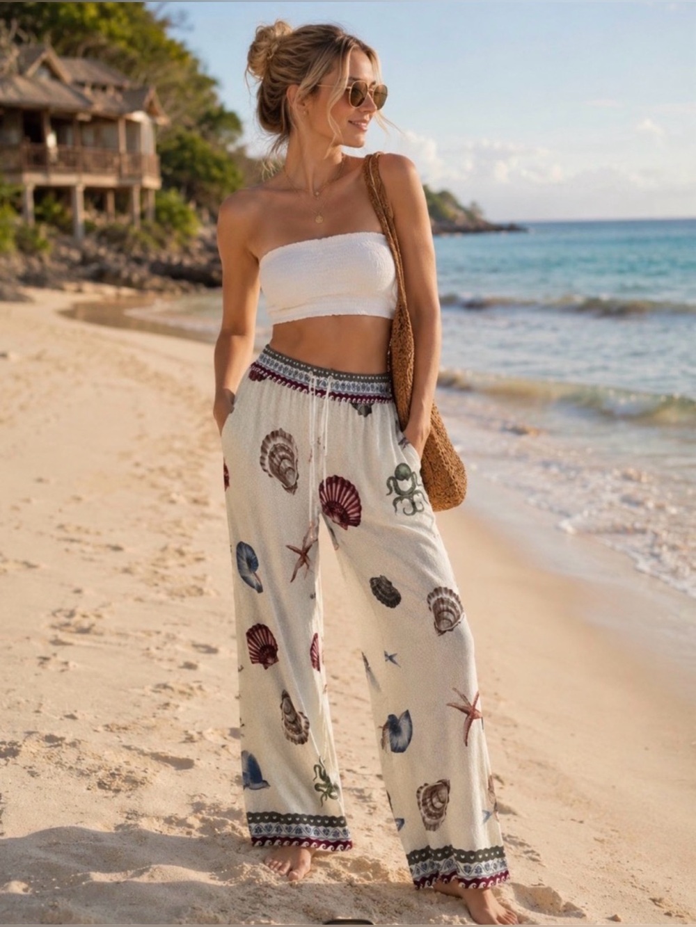Calypso St Barth Women’s Cream Seashell Beach Print Wide-Leg Palazzo Pants NEW